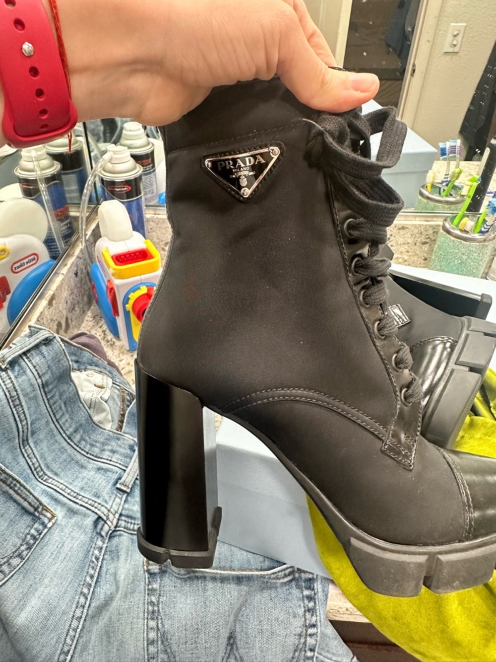 Prada Black Lace-Up Chunky Heel Ankle Boots - Picture 4 of 5